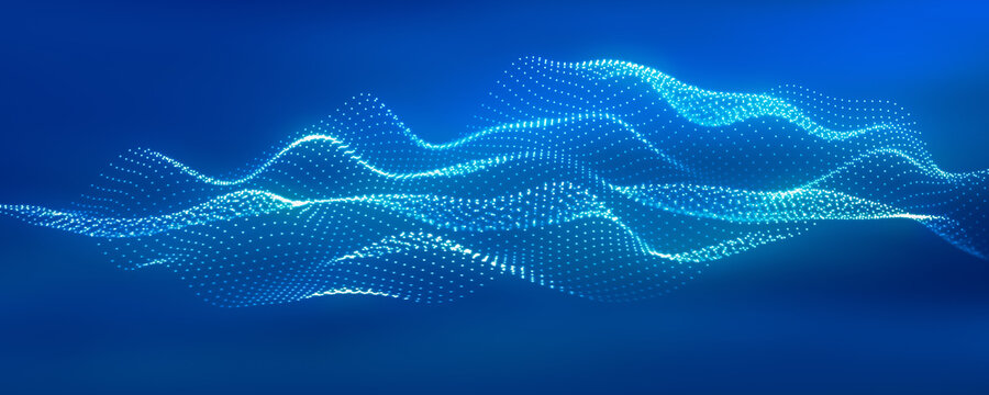 soft digital dotted wave isolated on blue background, glowing abstract algorithm landscape with flowing data, futuristic technology background for cloud illustration