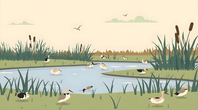 Vector illustration of shorebirds foraging in a serene wetland landscape with marsh plants and a winding river under a pale yellow sky