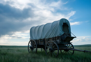 Naklejka premium Pioneer history and westward expansion, covered wagon on the American frontier in a vast prairie landscape under a dramatic cloudy sky at sunset