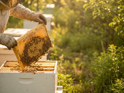 Beekeeper gently lifting a wooden frame covered in golden honeycomb and busy insects during a warm sunset.