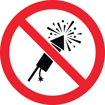 Prohibitory safety sign forbidding fireworks and pyrotechnics with red prohibition slash