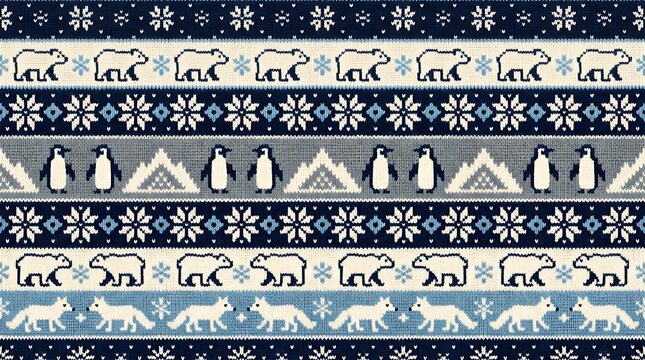 Nordic pattern with polar bears penguins and foxes in a winter theme with snowflakes and mountains