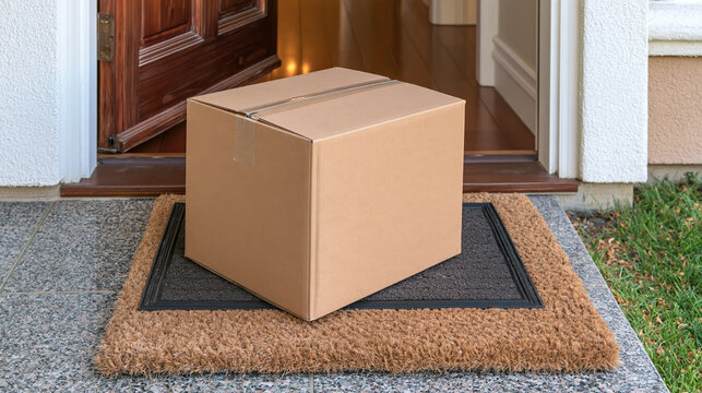 Black Friday doorstep parcel on welcome mat beside open front door evokes home delivery excitement
