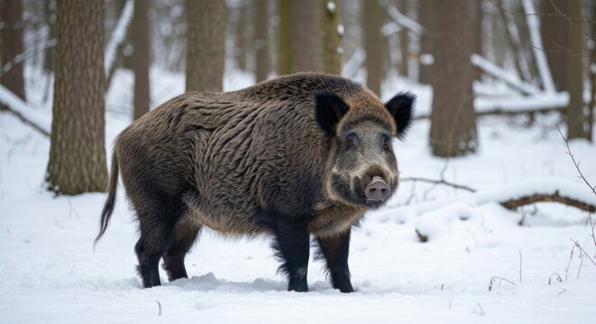 Wild Boar in Winter Forest - A Majestic Creature in Snow.