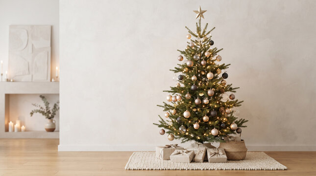 Christmas composition featuring a modern minimalist Christmas tree decorated with elegant matte ornaments, warm lights, subtle golden accents and generous negative space for advertising