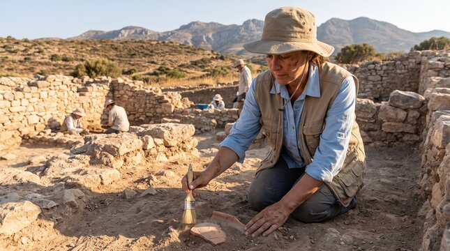 Professional archaeologist uncovering ancient ceramic shards with a brush at a sunny historic excavation site in the mountains