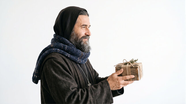 Saint Basil traditional greek orthodox gift giver holding wooden present box isolated on white background, new year holiday folklore and tradition concept