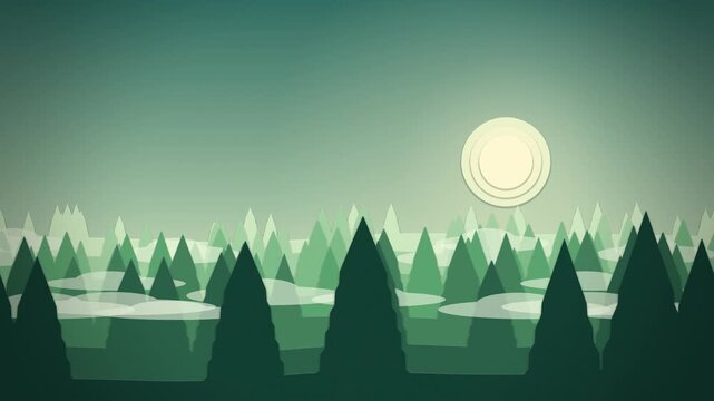 Green paper cut pine forest with fog and sun seamless loop