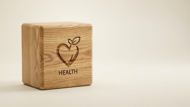 Wooden block with heart and leaf symbol and word "HEALTH" carved, isolated on soft beige background. Concept for wellness and natural care.