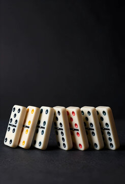 Chain reaction and domino effect, business strategy and risk management with falling tiles in a row on a dark background