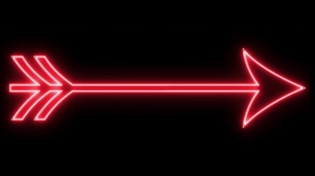 Red Neon Arrow with Flickering Glow and Energy Trail Moving Across Dark Background. Bright Luminous Direction Arrow Motion Graphic for Technology, Gaming, Digital and Creative Projects.