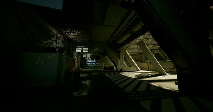 narrow industrial tunnel pierced by shafts of light and damp reflections. guard investigation implied by alarm flicker and sensor panels, distant echo and wet