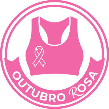 Pink sports bra vector graphic emblem featuring an awareness ribbon with Portuguese text Outubro Rosa inside a circular frame isolated on white background