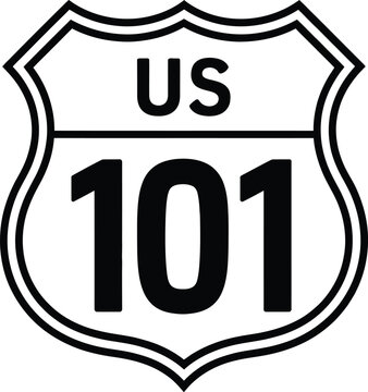 U.S. Route 101 road sign classic shield highway marker design, American interstate travel symbol, road navigation, route identification, transportation signage, driving directions, and vector illustra