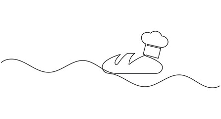 Obraz premium Bread loaf and chef hat continuous one line drawing minimalist bakery food outline editable stroke vector illustration