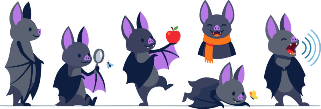 Cute Bat Cartoon Character Set with Different Actions and Emotions for Halloween Vector Graphic Designs, Educational Materials, and Kids Sticker Packs
