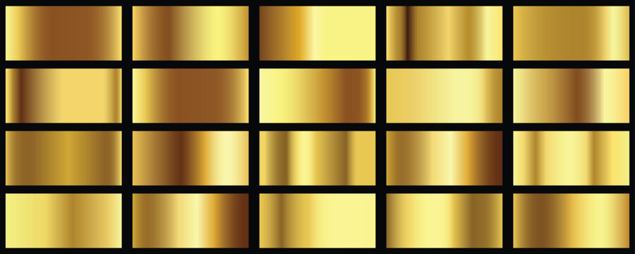 20 Gold gradients swatches big set. Set of gold gradient vector palette for background template. Gold gradients. Royal golden gradients. Vector EPS-10
