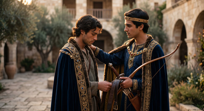 David and Jonathan making a covenant of friendship, 1 Samuel 18 Old Testament biblical scene, loyal brothers, religious illustration