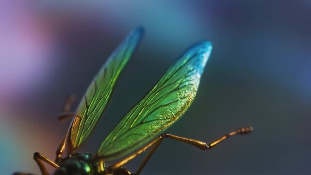 Close up animated insect with transparent wings flying near blurred background