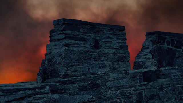 Fiery Smoky Sky Behind Castle Wall
