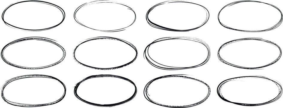 Hand drawn black line brush oval set. Hand drawn line brush pencil oval black color doodle marker chalk pen. Round circle underline frame check sign bubble texture background. Vector EPS-10