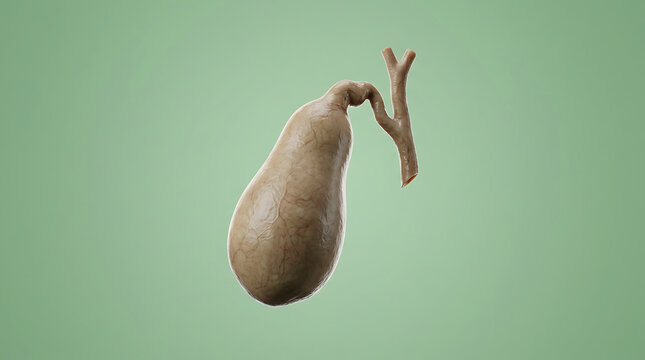 Detailed medical 3D render of human gallbladder anatomy showing realistic organ texture and attached bile ducts isolated against a plain soft green background for educational healthcare digital