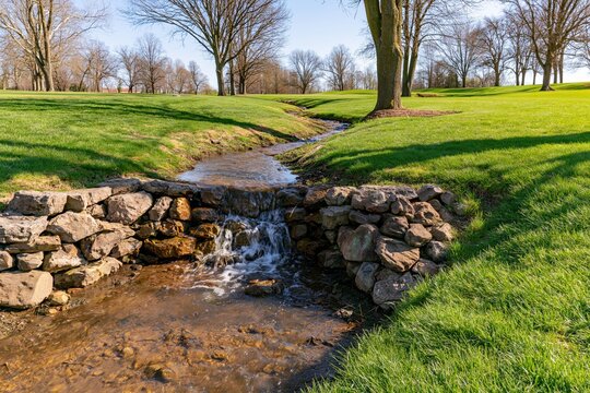 Small stone waterfall on a stream in a grassy park