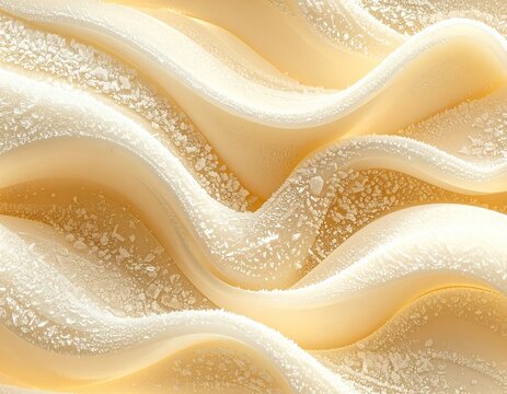Beige organic wave texture background with frosted crystalline particles on curved layers
