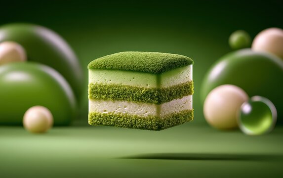 Delicious Green Matcha Cake with White Filling on a Green Platter
