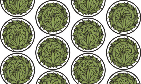 Seamless pattern of circular green cannabis leaf emblem on white background