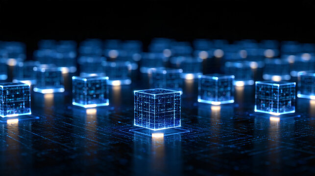 Blockchain background featuring glowing digital blocks arranged in a precise decentralized network, futuristic blockchain architecture, distributed ledger technology,