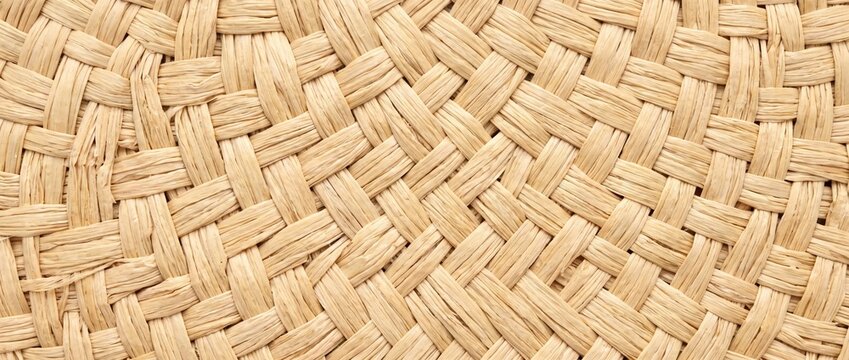 Natural raffia fiber woven texture. Close-up of braided straw pattern on handmade wicker basket