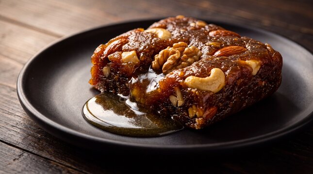 Rich traditional sohan halwa dessert with mixed nuts on a black ceramic plate, generative AI