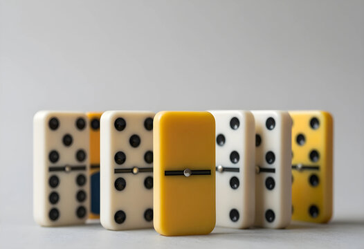 Differentiation and leadership concept, yellow domino standing out among white ones as a metaphor for unique business strategy and competitive advantage