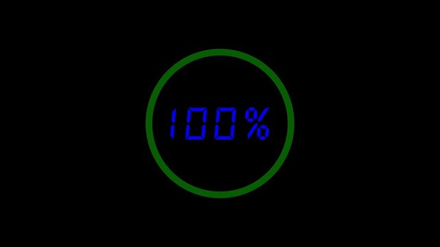 Digital display showing one hundred percent progress in green circle a glowing