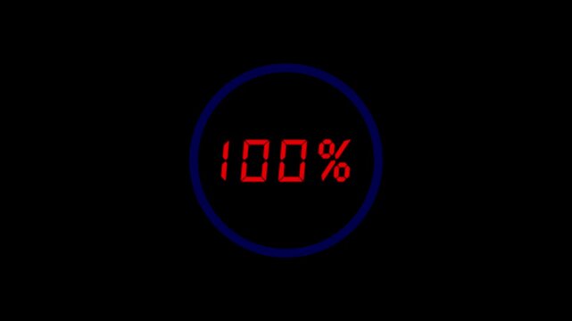 Bright red digital hundred percent display in dark blue circle glowing digital