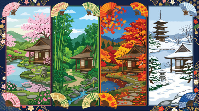 Four seasons Japanese landscape vector illustration featuring traditional temples and nature across panels