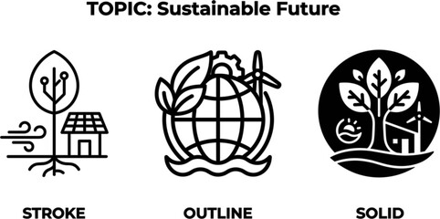 Fototapeta premium Set of sustainable future icons in stroke, outline, and solid styles featuring ecofriendly energy and environmental concepts
