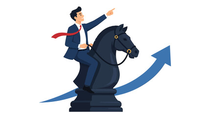 Businessman riding a chess knight symbolizing strategy and success, pointing towards future growth and business development © Andi