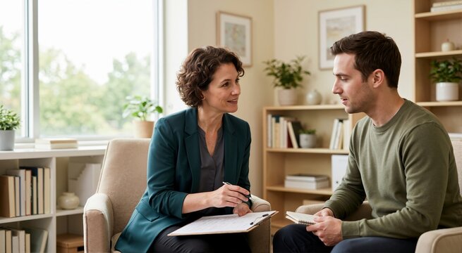 Psychiatrist explaining ongoing care plan in welcoming office. Psychiatric consultation and collaborative care