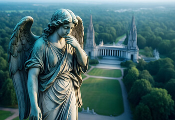 Fototapeta premium Grief and mourning concept, stone angel statue with pensive expression overlooking a peaceful cemetery park with neoclassical architecture and green trees