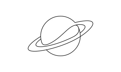 A simple black and white line art illustration of the planet Saturn with its iconic rings. © tomas
