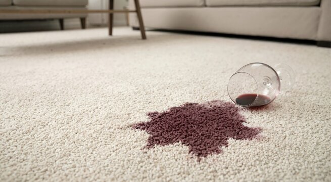 Red wine stain on carpet. Cleaning needs and household surface care