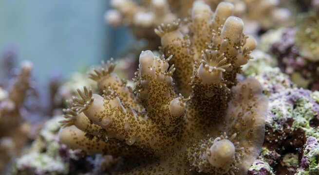Reef aquarium coral polyps in close view. Coral colony and marine tank habitat