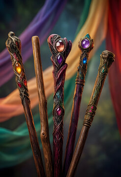 Fantasy magic wands collection, mystical wizard accessories with gemstones and carved wood for roleplay gaming and creative storytelling in dark fantasy