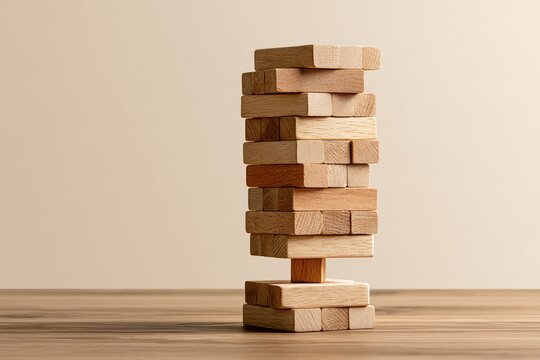 A precarious wooden block tower balanced on a single narrow support against a neutral background