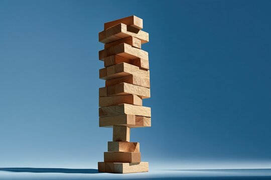 Wooden block tower balancing on a single narrow base representing financial stability concept