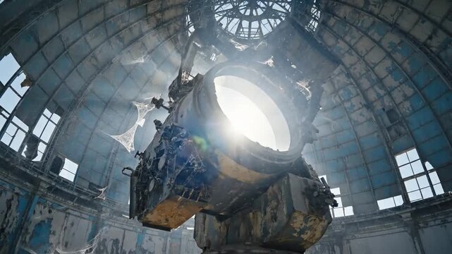 A giant vintage telescope stands inside a derelict observatory dome while shafts of light illuminate floating dust.