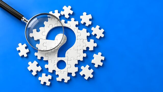 Magnifying glass over a question mark made of white puzzle pieces on a blue background