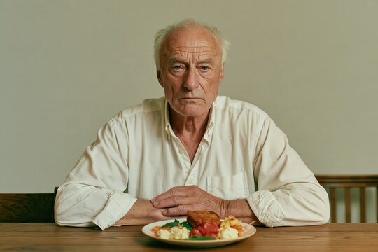 An elderly man sitting at a wooden table with a plate of food looking directly at the camera